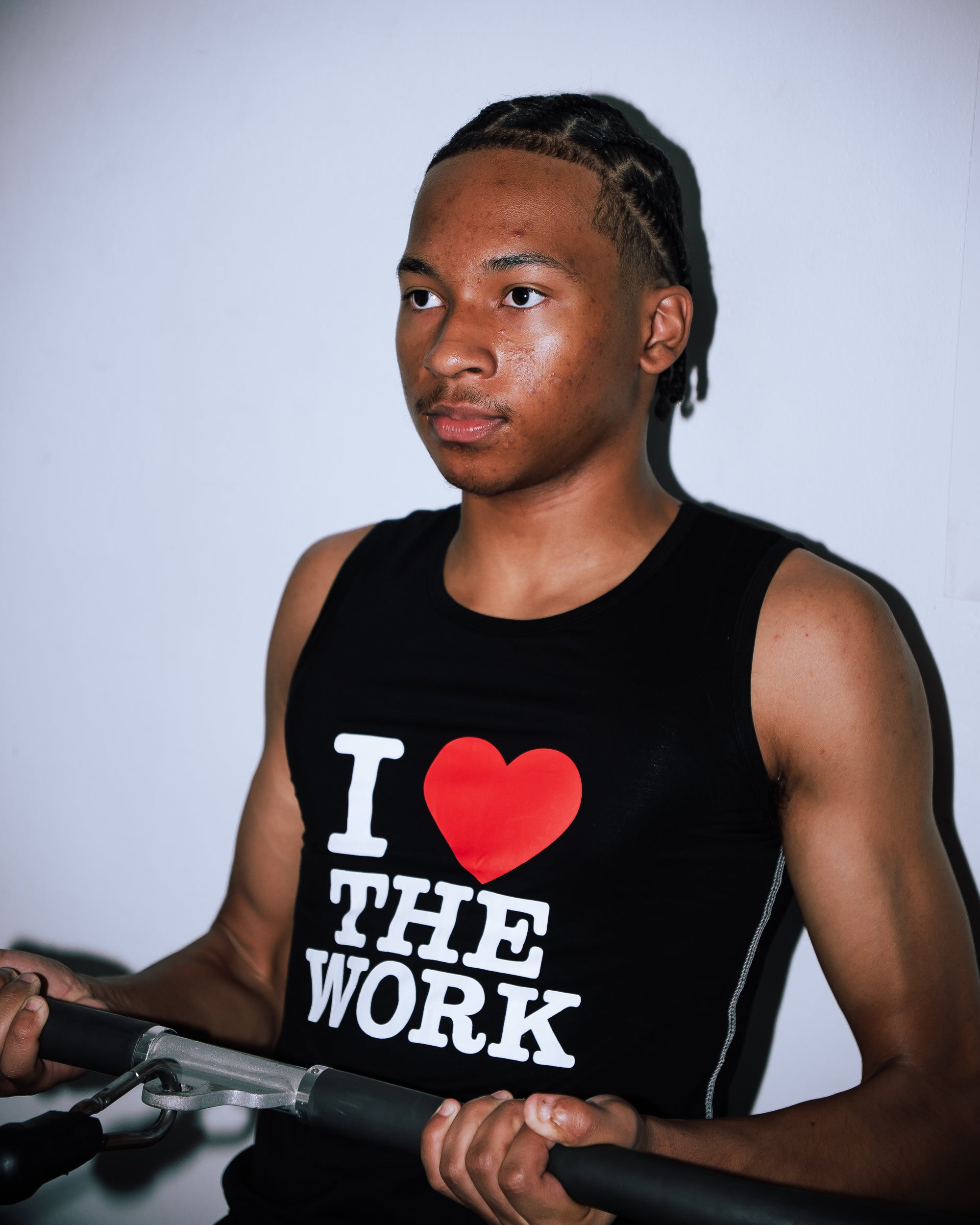 black “I ❤️ THE WORK” compression tank