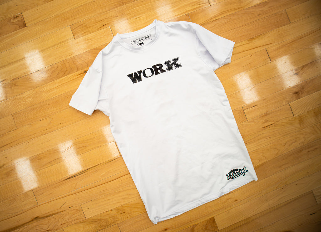 white WORK compression tee