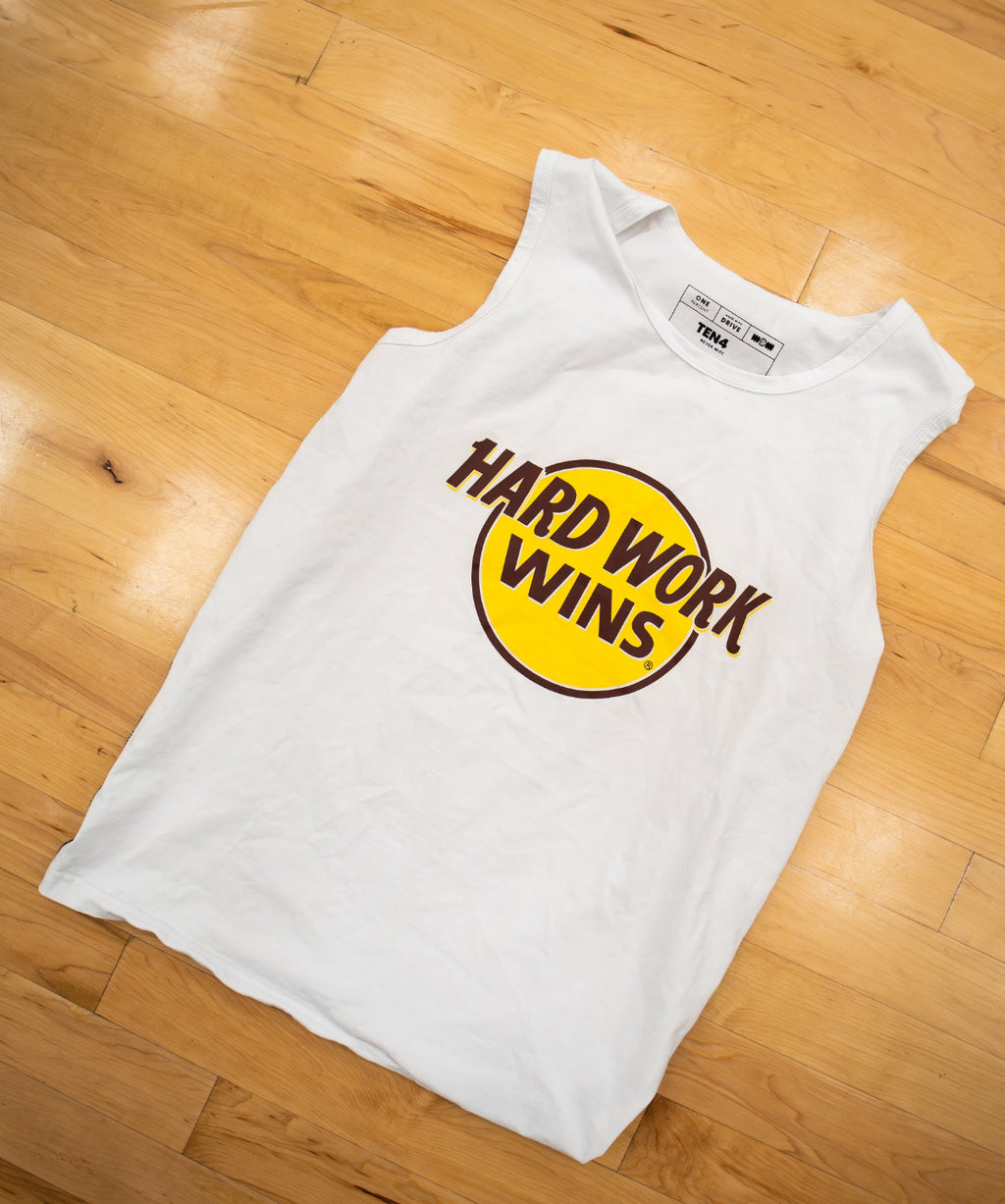 white HARD WORK WINS compression tank