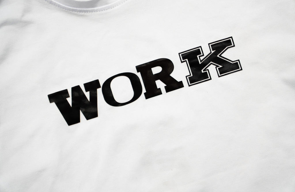 white WORK compression tee