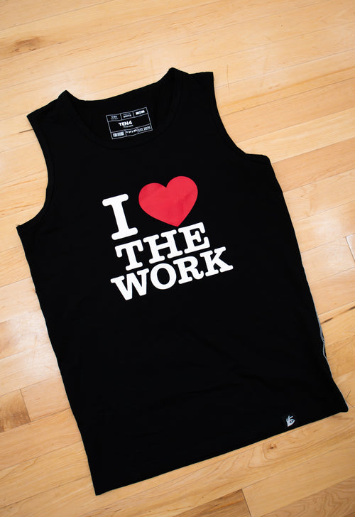 black “I ❤️ THE WORK” compression tank