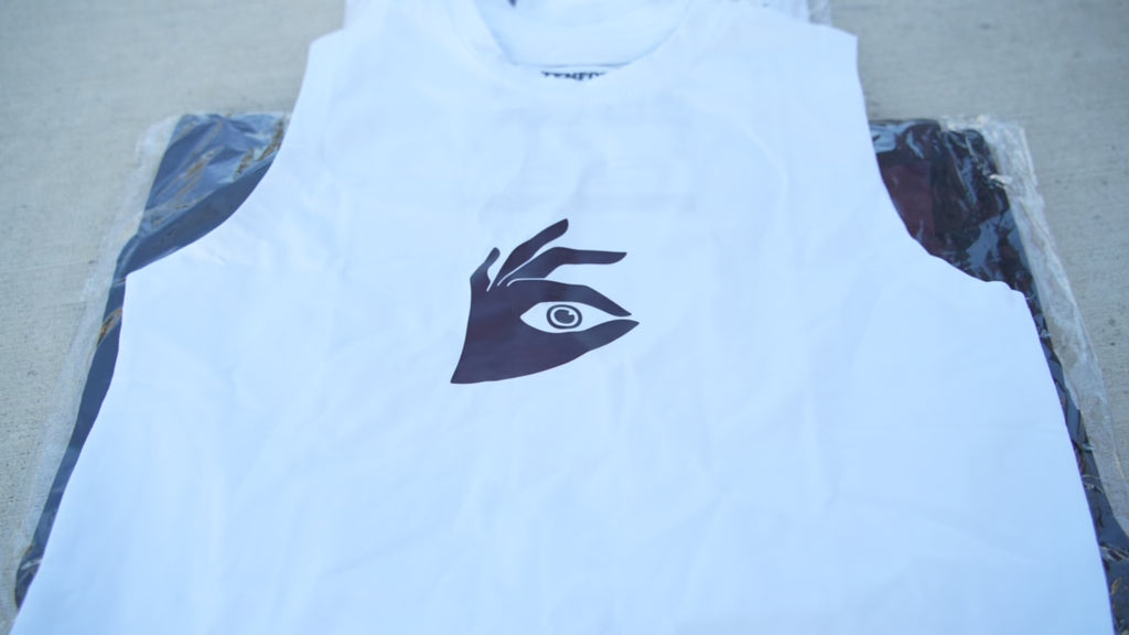White compression sleeveless cutoff heat activated